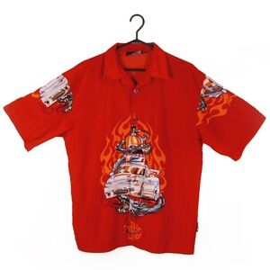 Vintage Y2K Mecca Snake Sports Car Fire Graphic Red Short Sleeve Button Shirt